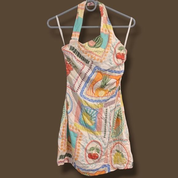 Seven Wonders Colorful Fruit Print Asymmetric Halter Fitted Agata Mini Dress - Picture 2 of 13